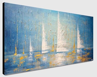 Blue Gold Seascape Painting: Textured Sailboats Art on Canvas