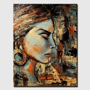May include: Abstract painting of a woman's face in profile, with a large earring. The painting is done in a palette of blues, browns, and yellows, with a textured brushstroke.