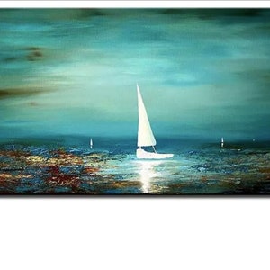 May include: A painting of a sailboat on a teal blue body of water with a golden, textured surface. The sky is a light blue with white clouds. There are other sailboats in the distance.