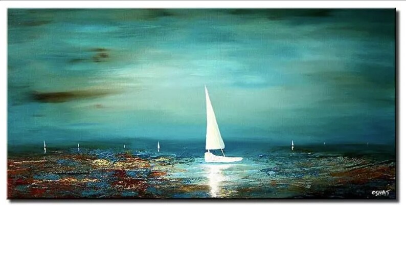 May include: A painting of a sailboat on a teal blue body of water with a golden, textured surface. The sky is a light blue with white clouds. There are other sailboats in the distance.