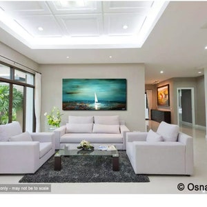 May include: A large abstract painting of a sailboat on a turquoise sea with a dark blue sky. The painting is hanging on a wall in a living room with white couches and a glass coffee table.