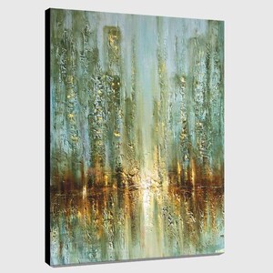 May include: Abstract painting of a city skyline with tall buildings in shades of green, blue, and gold. The buildings are reflected in a body of water at the bottom of the painting.
