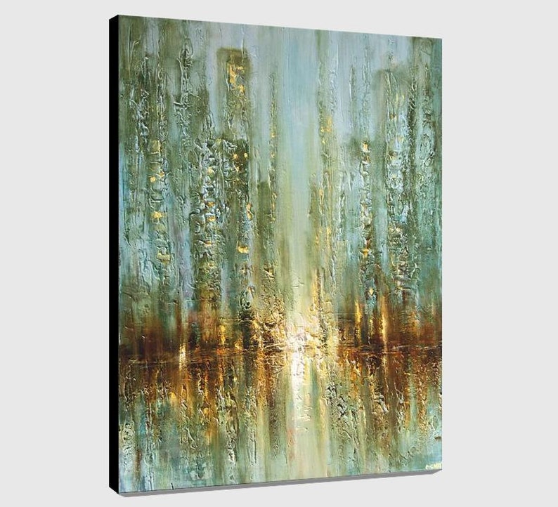 May include: Abstract painting of a city skyline with tall buildings in shades of green, blue, and gold. The buildings are reflected in a body of water at the bottom of the painting.