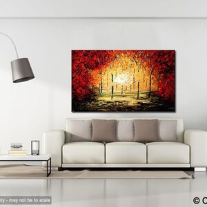 May include: Abstract painting of a forest scene with red, orange, and yellow colors. The painting depicts a path leading into the forest with trees on either side. The trees are painted in a textured style with thick brushstrokes.