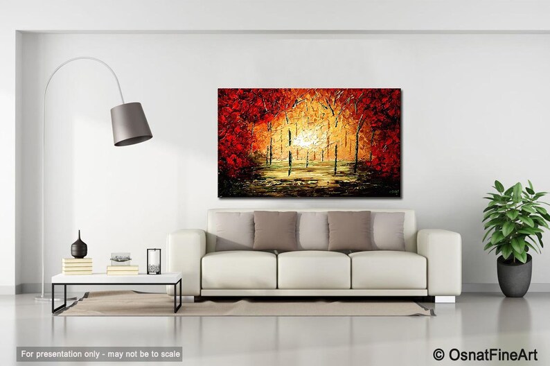 May include: Abstract painting of a forest scene with red, orange, and yellow colors. The painting depicts a path leading into the forest with trees on either side. The trees are painted in a textured style with thick brushstrokes.