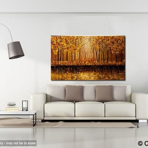 May include: A painting of a golden forest with a lake in the foreground. The trees are tall and slender, and their leaves are a vibrant yellow. The lake is calm and reflective, and the sun is shining brightly through the trees.