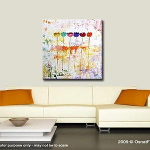 May include: Abstract painting of a row of colourful tulips on a white background with a textured, layered look. The tulips are in shades of red, orange, yellow, green, blue, purple, and pink.