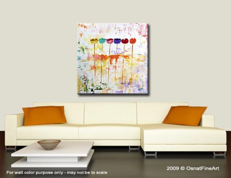 May include: Abstract painting of a row of colourful tulips on a white background with a textured, layered look. The tulips are in shades of red, orange, yellow, green, blue, purple, and pink.