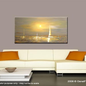 May include: Abstract painting of a seascape with sailboats on a golden ocean at sunset. The painting is in shades of gold, blue, and white.