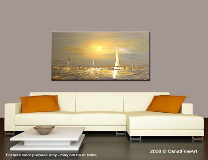 May include: Abstract painting of a seascape with sailboats on a golden ocean at sunset. The painting is in shades of gold, blue, and white.