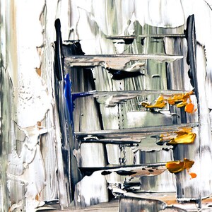 May include: Abstract painting with a layered, textured style. The painting features a series of horizontal lines in shades of gray, white, and blue, with accents of orange and yellow. The lines are layered on top of each other, creating a sense of depth and movement.