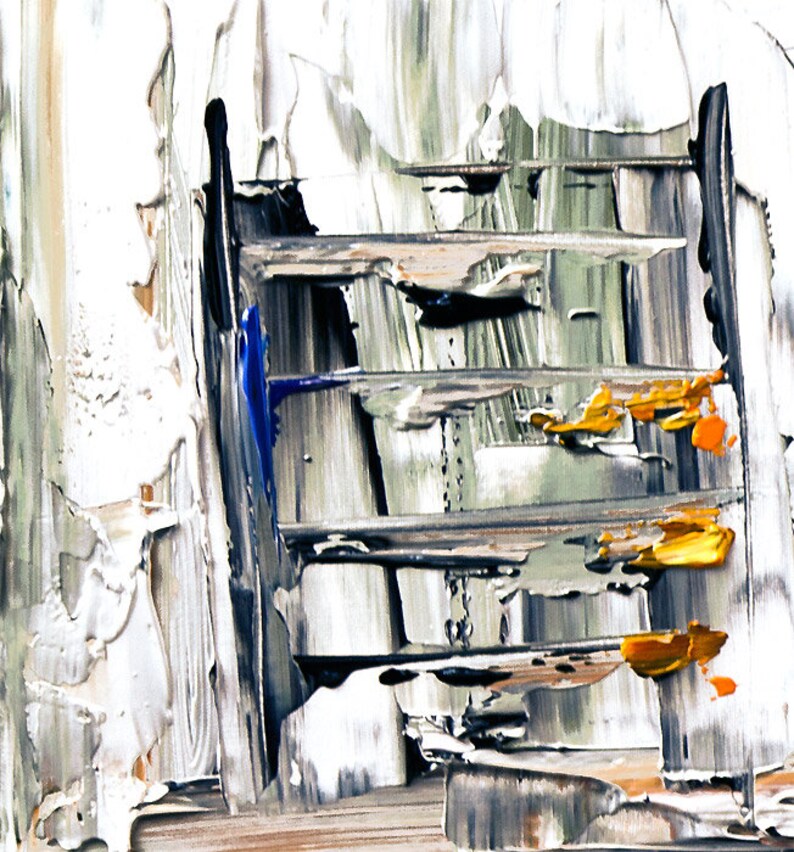 May include: Abstract painting with a layered, textured style. The painting features a series of horizontal lines in shades of gray, white, and blue, with accents of orange and yellow. The lines are layered on top of each other, creating a sense of depth and movement.