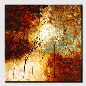 textured landscape painting with blooming trees on canvas, original modern acrylic painting in autumn colors  CUSTOM ART