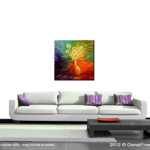 May include: Abstract painting of a vase with white flowers in a rainbow of colors. The vase is yellow and the flowers are white with yellow centers. The background is a rainbow of colors, including red, orange, yellow, green, blue, and purple.