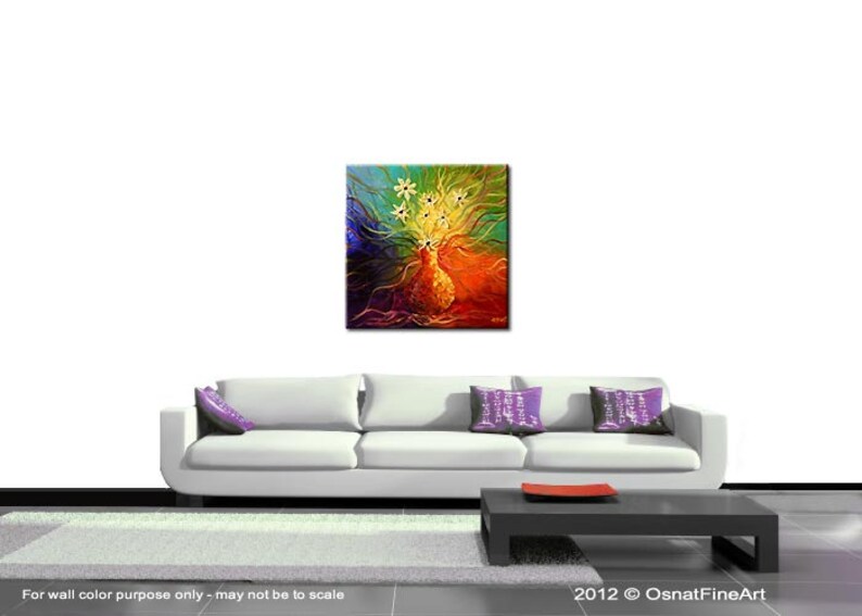 May include: Abstract painting of a vase with white flowers in a rainbow of colors. The vase is yellow and the flowers are white with yellow centers. The background is a rainbow of colors, including red, orange, yellow, green, blue, and purple.