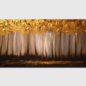 May include: Abstract painting of a forest with gold leaf accents. The trees are depicted as vertical lines with a light brown background. The top of the painting features a layer of gold leaf that appears to be the canopy of the trees.