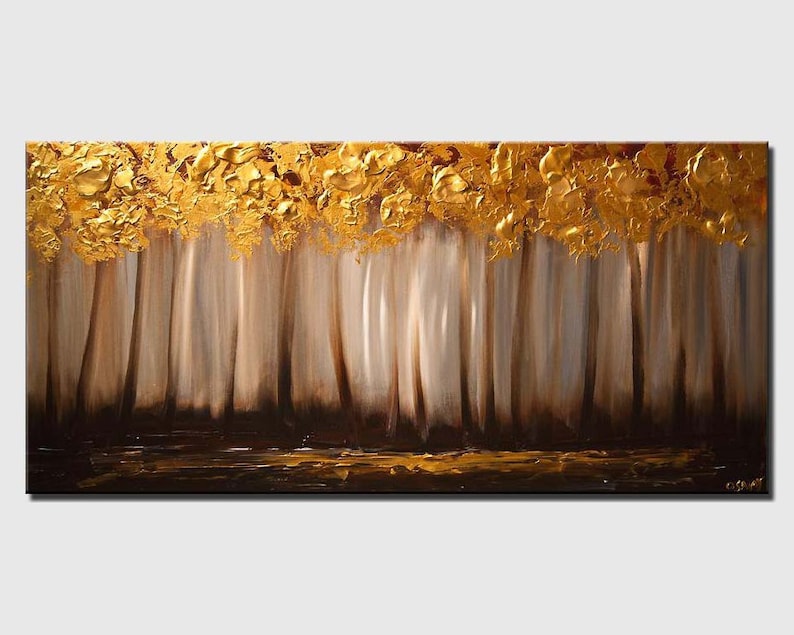 May include: Abstract painting of a forest with gold leaf accents. The trees are depicted as vertical lines with a light brown background. The top of the painting features a layer of gold leaf that appears to be the canopy of the trees.