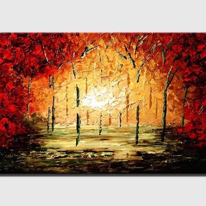 May include: Abstract painting of a forest scene with red and orange trees and a bright yellow sky. The trees are painted with thick brushstrokes and the sky is painted with a lighter, more delicate touch.