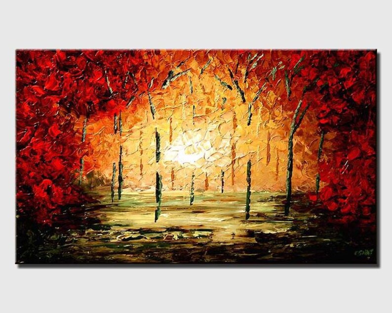 May include: Abstract painting of a forest scene with red and orange trees and a bright yellow sky. The trees are painted with thick brushstrokes and the sky is painted with a lighter, more delicate touch.