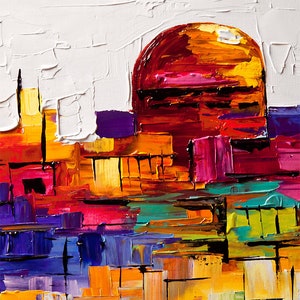 May include: Abstract painting of a cityscape with a large, red dome in the center. The painting is done in a vibrant palette of colors, including yellow, orange, red, purple, blue, and green.