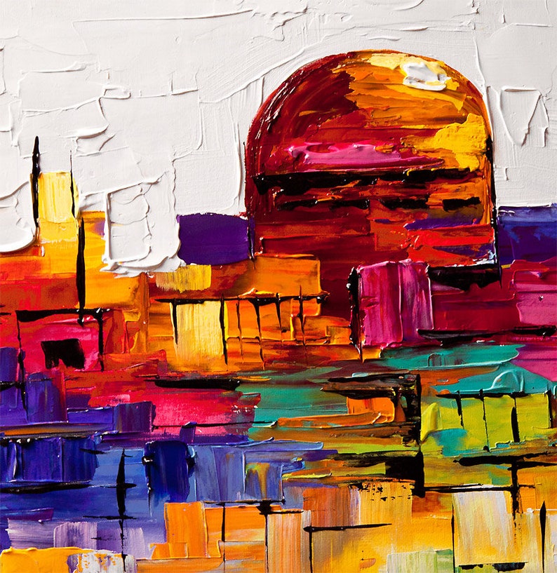 May include: Abstract painting of a cityscape with a large, red dome in the center. The painting is done in a vibrant palette of colors, including yellow, orange, red, purple, blue, and green.