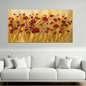 May include: A painting of a field of red poppies against a golden background. The poppies are painted in a textured style, giving the painting a three-dimensional effect.