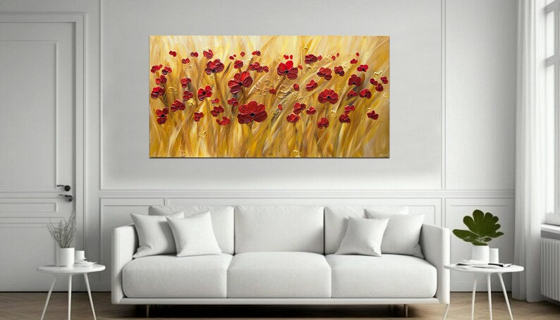 May include: A painting of a field of red poppies against a golden background. The poppies are painted in a textured style, giving the painting a three-dimensional effect.