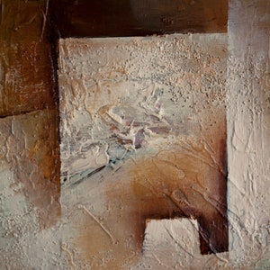 May include: Abstract painting with textured brown and beige paint. The painting has a layered look with different shades of brown and beige.