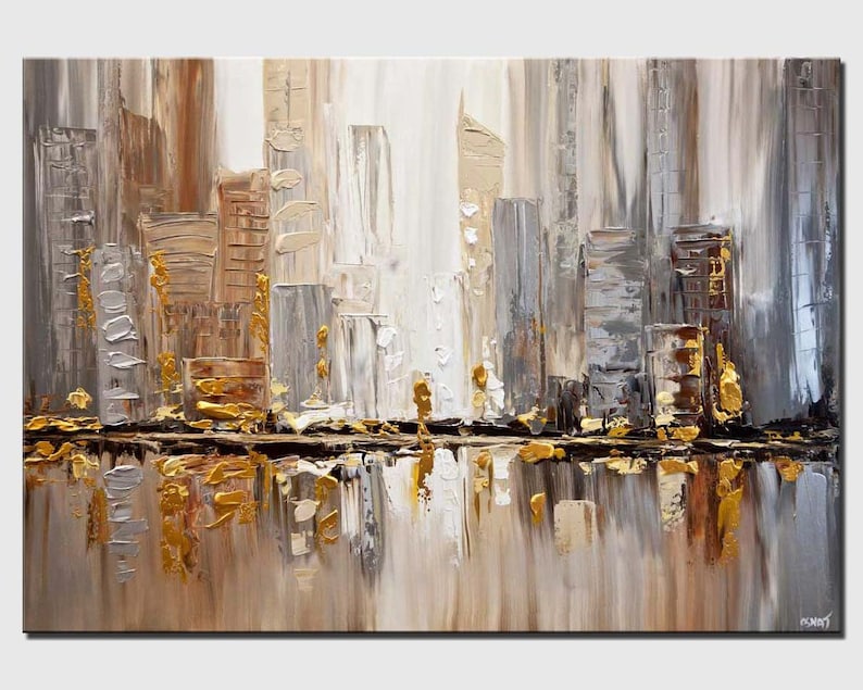 May include: Abstract painting of a city skyline in shades of gray, brown, and gold. The city is reflected in a body of water at the bottom of the painting.