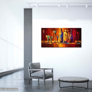 May include: Abstract painting of a bar scene with bottles and glasses. The bottles are various colors, including blue, purple, and green. The glasses are clear and filled with a red liquid. The background is a red and orange color.