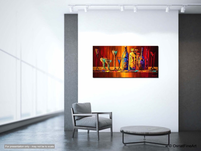 May include: Abstract painting of a bar scene with bottles and glasses. The bottles are various colors, including blue, purple, and green. The glasses are clear and filled with a red liquid. The background is a red and orange color.