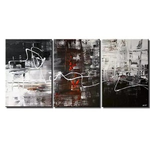 May include: Abstract triptych painting with black, white, and red brushstrokes. The painting features a series of white lines that flow across the canvas.