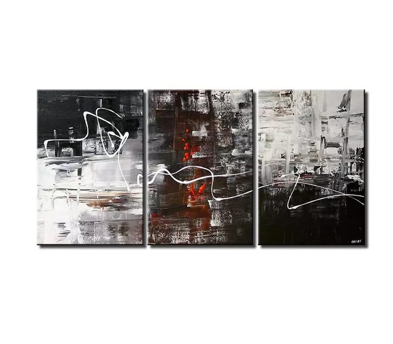May include: Abstract triptych painting with black, white, and red brushstrokes. The painting features a series of white lines that flow across the canvas.