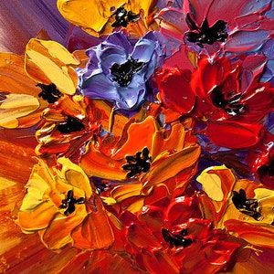 May include: A close-up of a painting of a bouquet of flowers in shades of red, orange, yellow, purple, and blue. The flowers are painted in a thick, impasto style, giving the painting a textured look.
