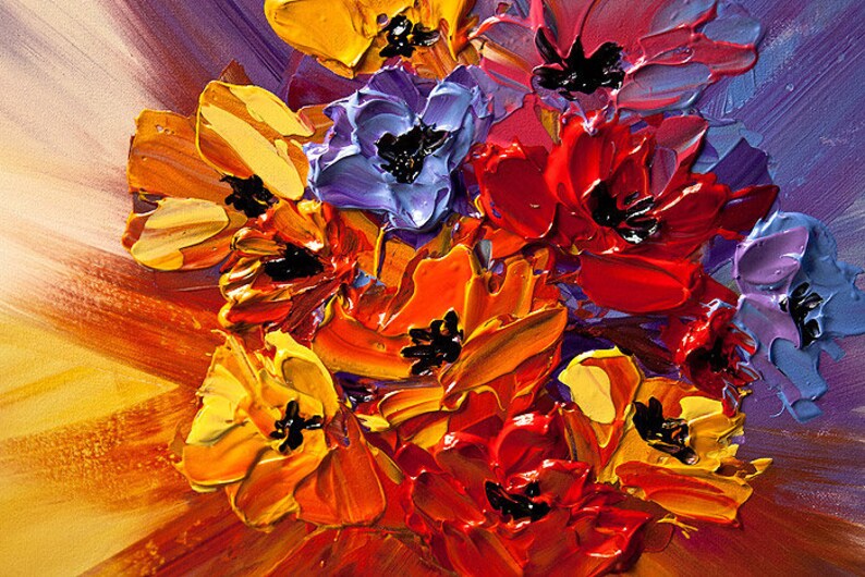 May include: A close-up of a painting of a bouquet of flowers in shades of red, orange, yellow, purple, and blue. The flowers are painted in a thick, impasto style, giving the painting a textured look.