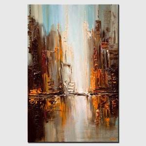 Textured City Art Painting: Light Blue Abstract Acrylic Oil on Canvas