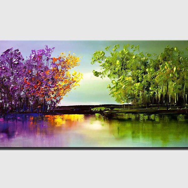 handmade picture on canvas will bring joy to your home with bright colors, landscape print in purple and green for a modern home