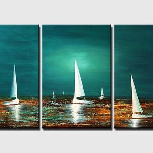 May include: A three-panel painting depicting a seascape with white sailboats on a teal blue body of water. The water reflects the light of the setting sun, creating a warm glow on the surface. The horizon is a dark blue, and the sky is a deep teal blue.