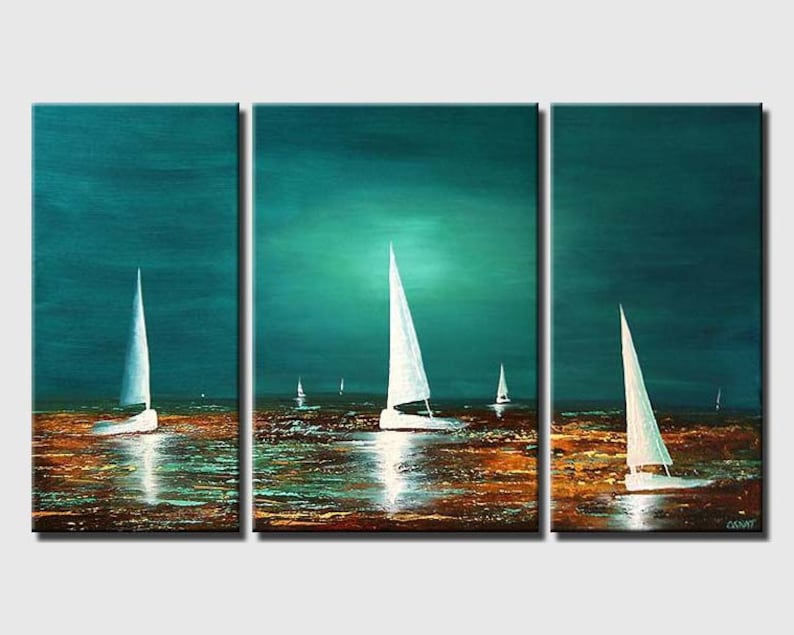 May include: A three-panel painting depicting a seascape with white sailboats on a teal blue body of water. The water reflects the light of the setting sun, creating a warm glow on the surface. The horizon is a dark blue, and the sky is a deep teal blue.