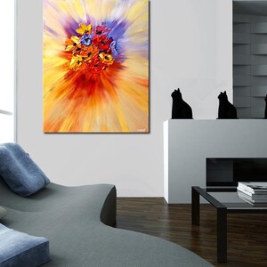 May include: A colorful abstract painting of a bouquet of flowers in shades of red, yellow, and blue. The flowers are arranged in a circular pattern and are surrounded by a burst of light.