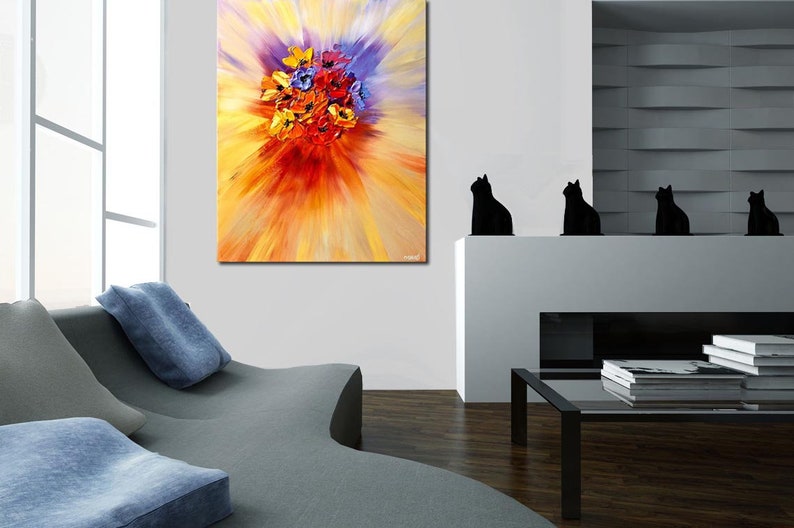 May include: A colorful abstract painting of a bouquet of flowers in shades of red, yellow, and blue. The flowers are arranged in a circular pattern and are surrounded by a burst of light.