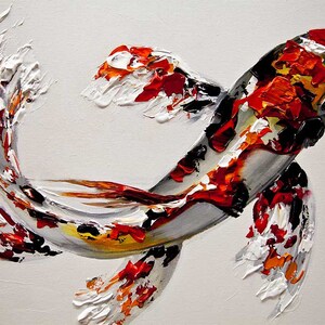 May include: A colorful abstract painting of a koi fish with red, white, black, and orange scales. The fish is painted in a thick, textured style, giving it a three-dimensional appearance.