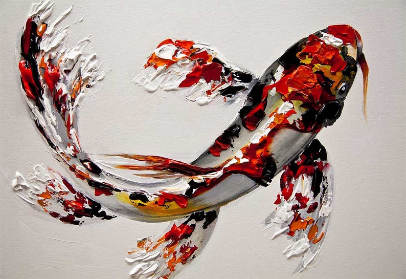 May include: A colorful abstract painting of a koi fish with red, white, black, and orange scales. The fish is painted in a thick, textured style, giving it a three-dimensional appearance.