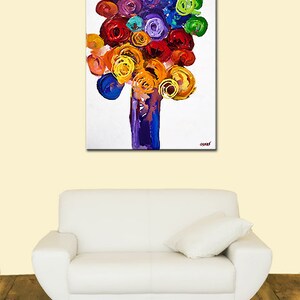May include: Abstract painting of a colorful flower bouquet in a purple vase on a white background.