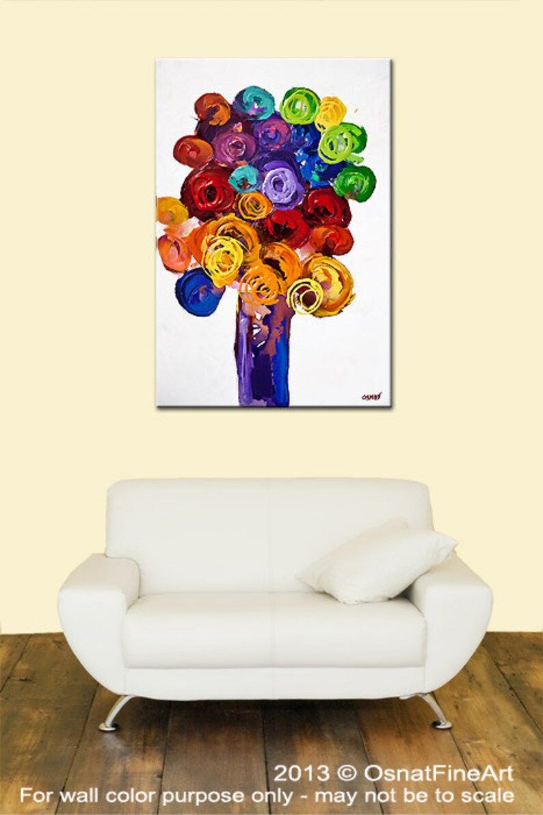 May include: Abstract painting of a colorful flower bouquet in a purple vase on a white background.