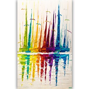 Colorful Sailboats Abstract Seascape Painting: Palette Knife Art