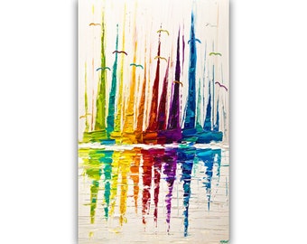 Colorful Sailboats Abstract Seascape Painting: Palette Knife Art