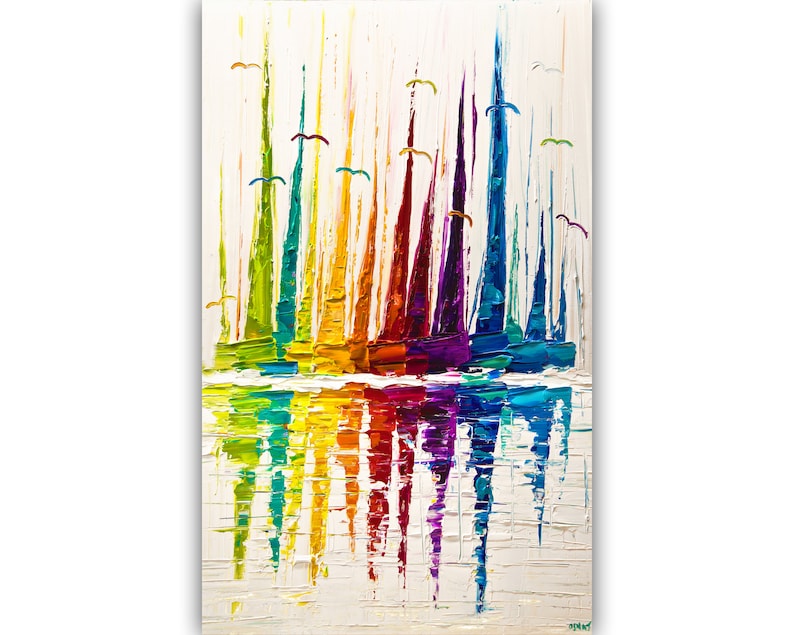 May include: Abstract painting of colorful sailboats with reflections in the water. The sailboats are painted in shades of green, blue, yellow, orange, red, and purple. The background is white with a hint of yellow.