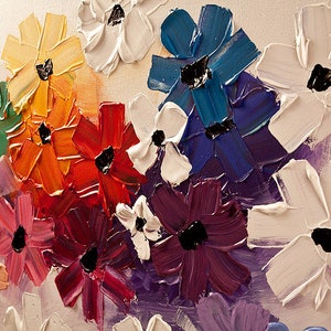 May include: A colorful painting of flowers in various shades of blue, purple, red, orange, yellow, and green. The flowers are painted in a thick, textured style, giving the painting a three-dimensional effect.