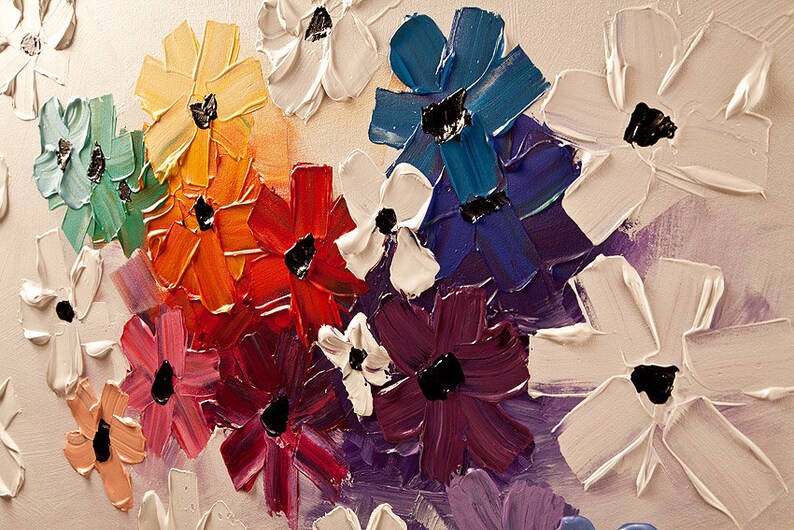 May include: A colorful painting of flowers in various shades of blue, purple, red, orange, yellow, and green. The flowers are painted in a thick, textured style, giving the painting a three-dimensional effect.